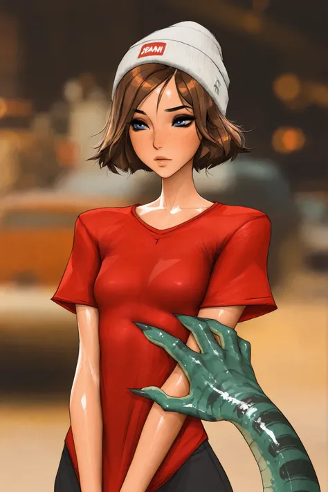 short hair, blue eyes, brown hair, masterpiece, best quality, very aesthetic, movie quality, depth of field,soft saturation, focused subject, ,official style, shiny skin, 1girl, dark eyeliner, high-top beanie, brunette, freckles, wavy brown hair,, shirow m...