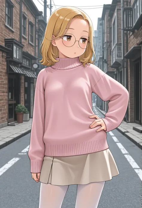 karmatatsurou, amazing quality, detailed background, solo, pose, street, 1girl, blonde hair, medium hair, round eyewear, oversized pink turtleneck sweater, skirt, white tights, hand on hip, looking to the side