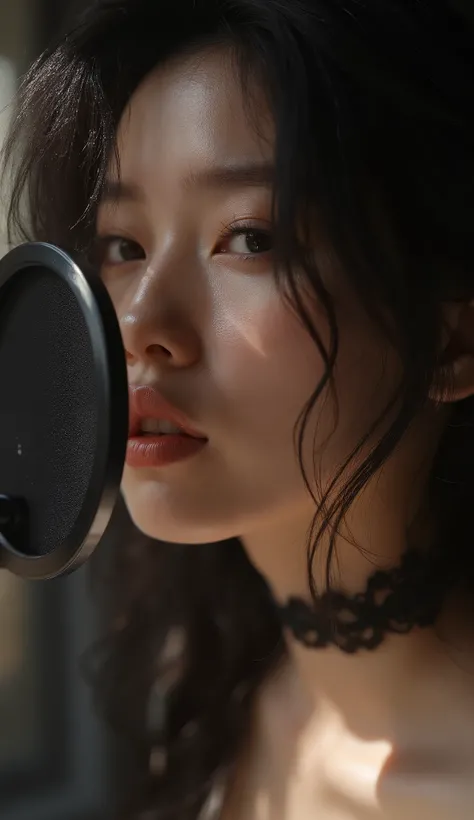 shot from above、super high resolution.NSFW,uncensored、、(((no bra, Chest flap、Browse Down)))、Artistic Portraits, Neutral expression close-up, I Can See Small Dots Between My Nose and Eyes.
there's a high end recording studio microphone in front of you, Sing...