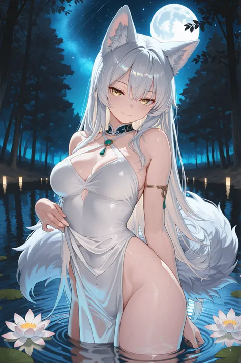 Highest Quality, masterpiece, Ultimate Details, Mysterious Beast Girl, wolf ears, Long Silver Hair, Fluffy Tails, Clear golden eyes, provocative expression, Elegant smile, Posture Hiding Your Chest, Bare Skin Like White Porcelain in Water, slender body, Gr...