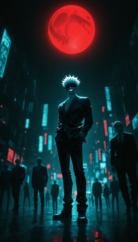 depth of field, high definition image, lots of details, masterpiece,a boy, full body shot , Satoru Gojo from Jujutsu Kaisen,blindfold, black suit, bright white hair standing out against the background, Look at the sky, ironic smile, night city with red an...