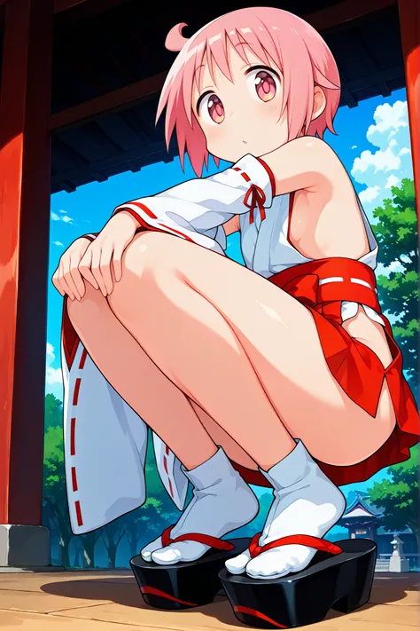nonohara yuzuko, pink hair, short hair, ahoge, pink eyes,bangs,(nsfw),((anime style)),score_9, score_8_up, score_7_up, source_anime,,1girl, ((miko)),(tabi),(black okobo),  ((((mini slit red skirt)))),Obi ,Obi knot, (flat chest) , ((side boob)) , (No pantie...