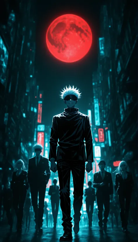 depth of field, high definition image, lots of details, masterpiece,a boy, full body shot , Satoru Gojo from Jujutsu Kaisen,blindfold, black suit, bright white hair standing out against the background, Look at the sky, ironic smile, night city with red an...