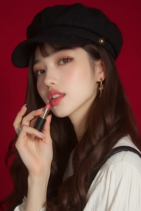 close-up studio portrait of a stylish Korean woman winking playfully while holding a black and gold luxury lipstick, wearing a black textured newsboy cap and a white fringed sleeve top, long wavy soft brown hair, glossy lips, flawless skin, pale pink nails...