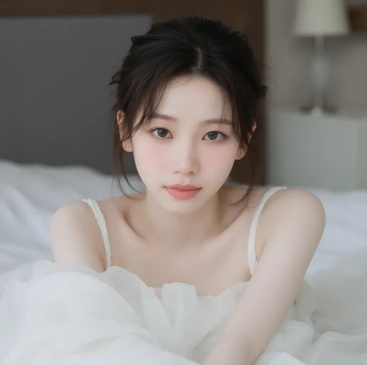 there is a woman lying on a bed., popular South Korean makeup, piel White skin porcelain, pale snow white skin,  popular Korean makeup , White skin porcelain, Hermosa Delphine, clear and high-quality lips, porcelain pale skin, pale milky white porcelain sk...