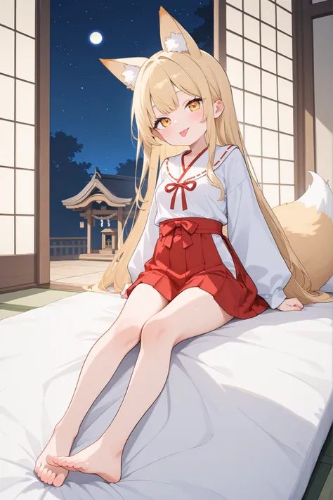 tall blonde girl who is obedient and older sister、small breasts、Fox Ear、My legs 、Fox' s Tail、Shrine maiden、Shrine maidenの服、full body、night、on the futon、Japanese-style room、enchanting eyes、Red Skirt、Get perspective、tongue