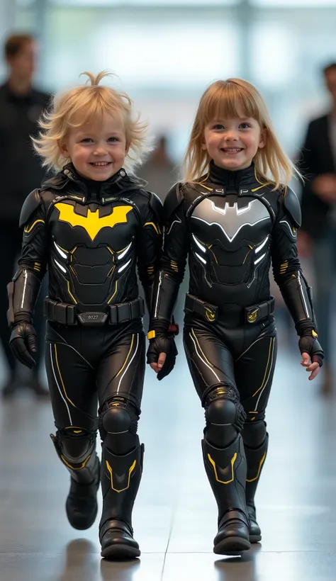 character: 1 toddler boy blonde hair and 1 toddler girl blonde hair Straight with bangs .
action: Walking straight.

Expression : smiling. Looking at the camera.

Costume : they Wearing futuristic black white electric Batman ironman body suit with futurist...