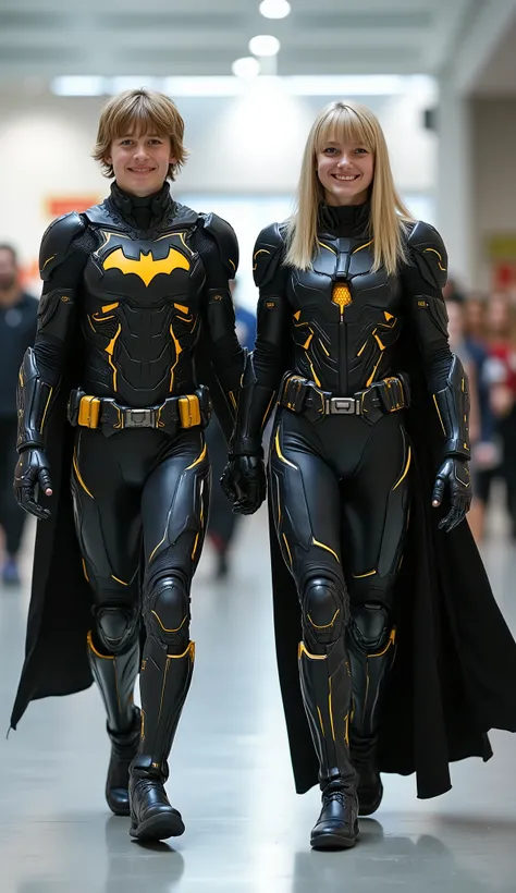 character: 1 teenager boy blonde hair and 1 teenager girl blonde hair Straight with bangs .
action: Walking straight.

Expression : smiling. Looking at the camera.

Costume : they Wearing futuristic black white electric Batman ironman body suit with futuri...