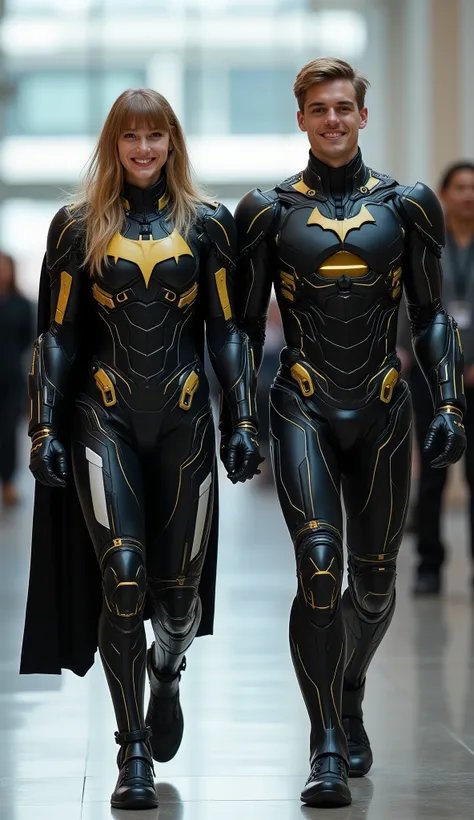 character: 1 young man boy blonde hair and 1 young woman girl blonde hair Straight with bangs .
action: Walking straight.

Expression : smiling. Looking at the camera.

Costume : they Wearing futuristic black white electric Batman ironman body suit with fu...