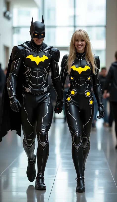 character: 1 young man boy blonde hair and 1 young woman girl blonde hair Straight with bangs .
action: Walking straight.

Expression : smiling. Looking at the camera.

Costume : they wearing mask full head Wearing futuristic black white electric Batman ir...