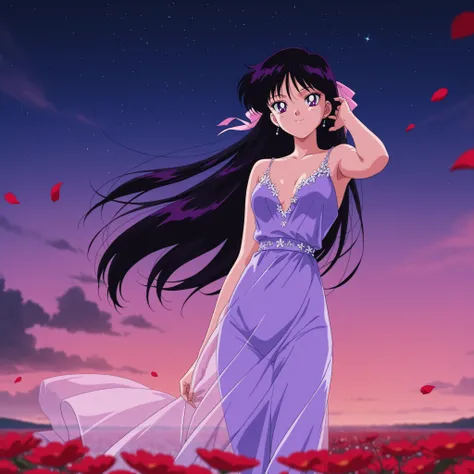 itou_ikuko,masterpiece,best quality,good quality, 1990s (style), anime coloring, retro_artstyle, 1girl, rei hino, hino rei, black hair, long hair, purple eyes, parted bangs, retro artstyle, mature female, small breasts, anime screencap, see-through dress, ...