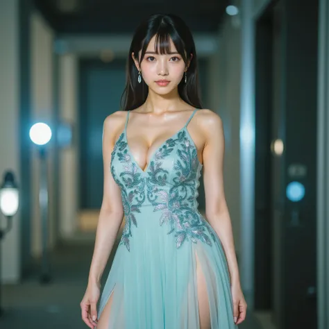 1 young very beautiful Japanese top idol woman in a sophisticated modern blue silk china dress, I'm wearing an embroidered dress based on a pale light green color, Deep slit and v-neck, wears a small handgun on her left thigh, BREAK, (Surrealistic), ultra ...