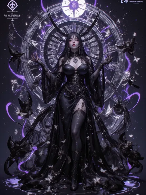 Masterpiece, photorealistic surreal shot of a stunning goddess of darkness and shadow, statuesque and sensationally beautiful as only living gods can be, erotic sexiness cut from living night, a face of loveliness and terror, large amazing breasts, and a b...