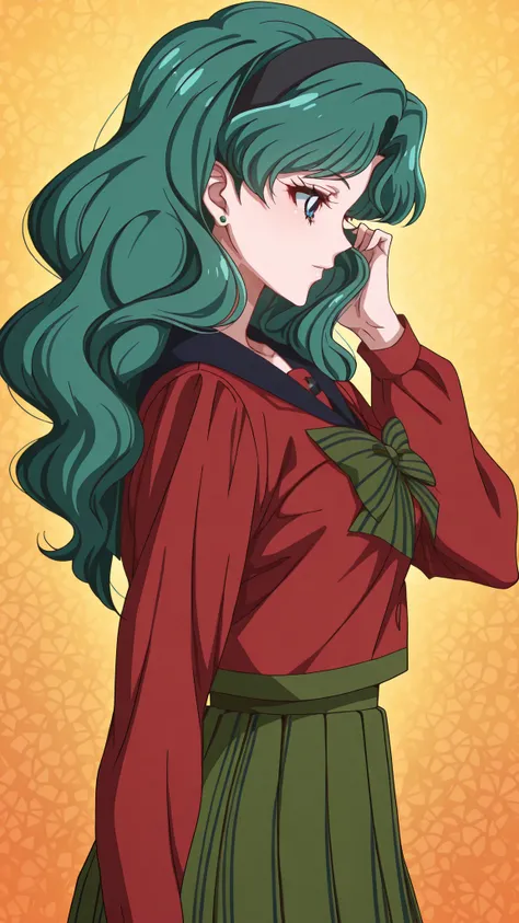 ,kaiou michiru, long hair, green hair, wavy hair, parted bangs, black hairband, blue eyes, green stud earrings, long sleeves, red shirt, blue sailor collar, green bow, striped bow, green skirt, plaid skirt, pleated skirt, medium skirt, white socks, ankle s...