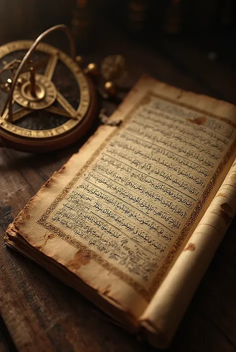 Create an image of the revealed Quran next to scientific instruments of the 10th-11th centuries (astrolabe, Scroll).
· Ibn Sina's quote: “Medicine is an art, that serves to preserve health and heal diseases, sent down by the Almighty” (or similar, reflecti...