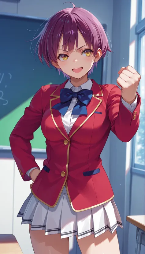 score_9, score_8_up, score_7_up, score_6_up, score_5_up, score_4_up, rating_questionable, , source_anime, digital illustration, pixiv, fanbox, uncensored, , BREAK, official art, 1girl, solo,1girl kayano onodera purple hair very short hair yellow eyes, sch...