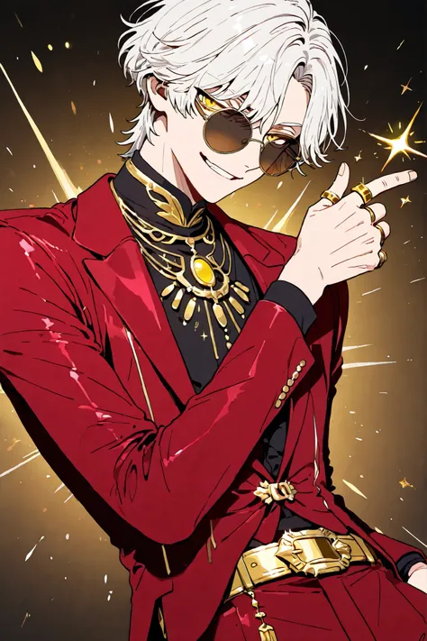 1man, bishounen, yellow eyes, short hair, curtained bangs, side part bangs, white hair, round sunglasses, fancy suit, red suit, sparkly suit, gold accents, gold rings, gold jewelry, gold belt buckle, snapping fingers, cocky grin, smirk, flat color