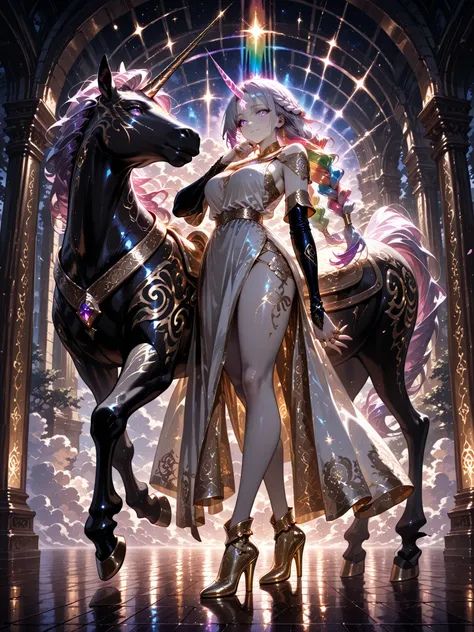 low angle, (masterpiece, very detailed image, 4k, ultra detailed, vivid colors, beautiful colors, dynamic pose, cinematic photography), {1woman}: (a beautiful and attractive woman, with a stunning body, has pale skin, her eyes are colored like a rainbow, h...