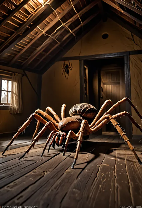 photorealistic best quality photo, ultra detailed, ATTIC , april o'neil висит в паутине mummified, cocoon, big spider mutant long spider legs and horse looksex spider and beautiful girl, desperate wrestling , A tangled , despair ,cocoon