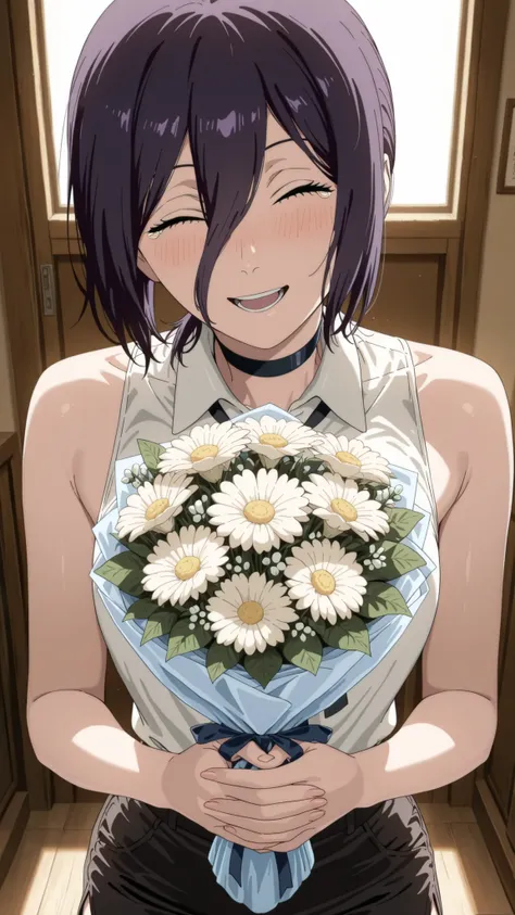 masterpiece, best quality, newest, very awa, masterpiece, best quality, absolutely absurdres, very aaesthetic, newest, anime screencap, solo,reze, chainsaw man, navy hair, green eyes,black choker, purple hair, choker, eyebrows hidden by hair, green eyes, h...