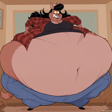 Annabelle(EEK), Anthro, female furry, brown coyote, brown fur, black lipstick, 1girl, solo, mole, light yellow sclera, flannel, black undershirt, jeans, black hair, long hair, sharp teeth, chubby, obese, ridiculouscake style