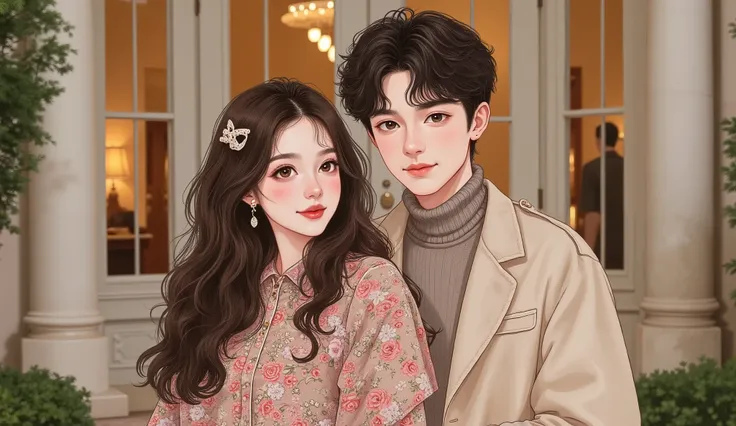 half-body shot, a 30-year-old man and a 30-year-old woman standing together in front of a luxurious villa. The woman has elegant long hair, wearing chic but modest fashionable clothes, looking directly at the viewer with a gentle confident smile. The man h...