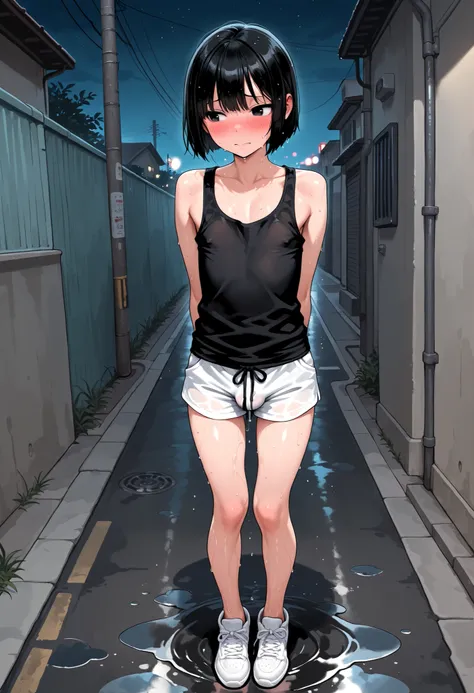 (masterpiece, best quality, amazing quality, absurdres, very aesthetic), (nsfw, femboy, otoko no ko), (1boy, solo), 12years old, slim body, (black short hair, bob cut), black eyes, (over sized tank top), casual shorts, white shoes, (embarrassed expression,...