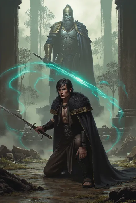 create an epic art where a young man with fair skin and black bob hair in old and torn medieval peasant clothes is in a kneeling lunge position, with a suffering face and dirty body, old medieval sandals, behind him on his back an aura in a ghostly shape a...