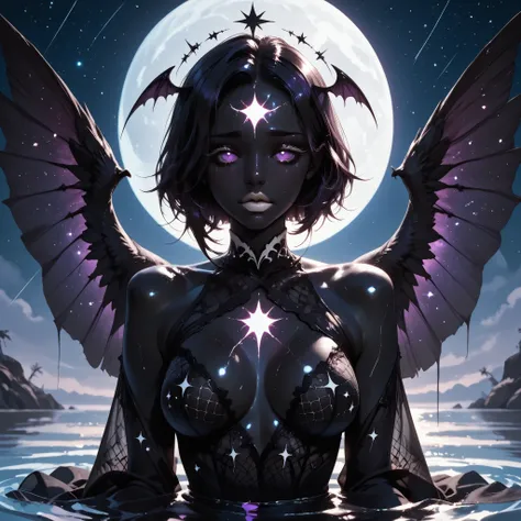 UHD, masterpiece, anatomically correct, super detail, best quality, high-res, 16k, solo, 1girl, Black short hair with stars, black skin, purple eyes, white sclera, long glowing white eyelashes, white glowing brows, glowing white lipstick, slender body, med...