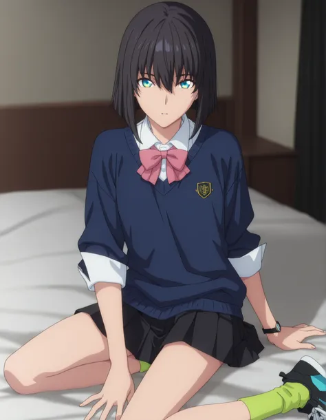 masterpiece, best quality, amazing quality, highres, absurdres, very aesthetic, high resolution, ultra detailed, perfect details, ufotable style, 1girl, solo, indoors, , (detailed background:1.2),from above, (room), , minami kano, ((inverted bob)), ((black...