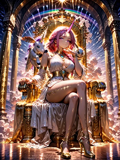 Front angle, (masterpiece, very detailed image, 4k, ultra detailed, vivid colors, beautiful colors, dynamic pose, cinematic photography), {1woman}: (a beautiful and attractive woman, with a stunning body, has fair skin, her eyes are colored like a rainbow,...