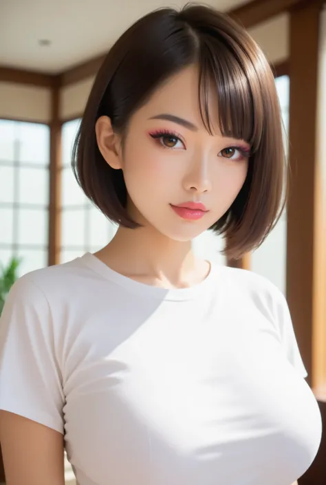 Score_9, score_8_up, score_7_up. Upper body.
Beautiful Japanese woman, eyeshadows, eyeliners, long false eyelashes, glossy lips, short bob hair.
Glamorous body, big breasts.
Plain t-shirt.
Living room.