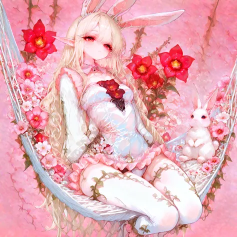 (Highest Quality, Super Detailed:1.5), 8k,(one girl), (Elf Girl with Rabbit Ears:1.5),Platinum Blonde Hair, very long hair, round eyes,(Rabbit Ears Grow:1.5), ( RED Beautiful Eyes :1.5), full body, lifting arms back, small breasts,(Beautiful Vines and Flow...