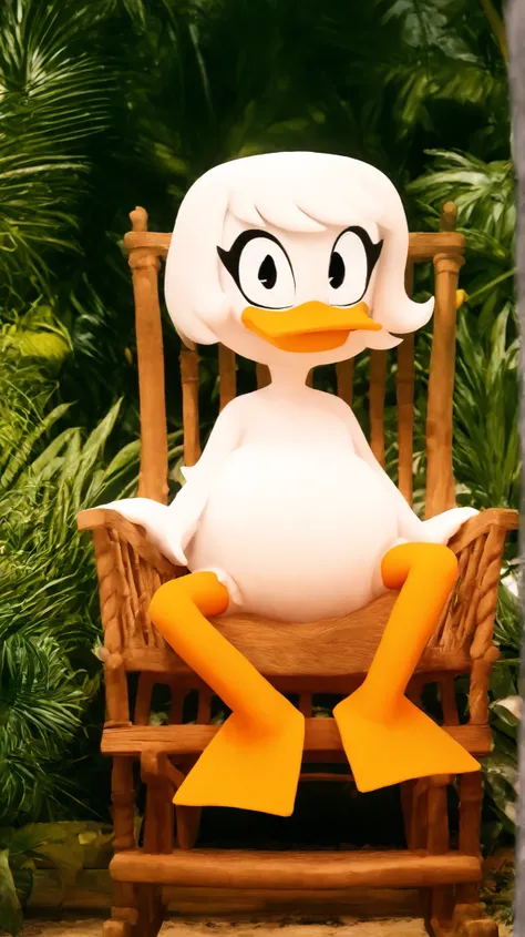 The duck girl Webby Vanderquack is sitting in the rocking chair on the porch, looking at the beautiful mountains and tropical trees of the region