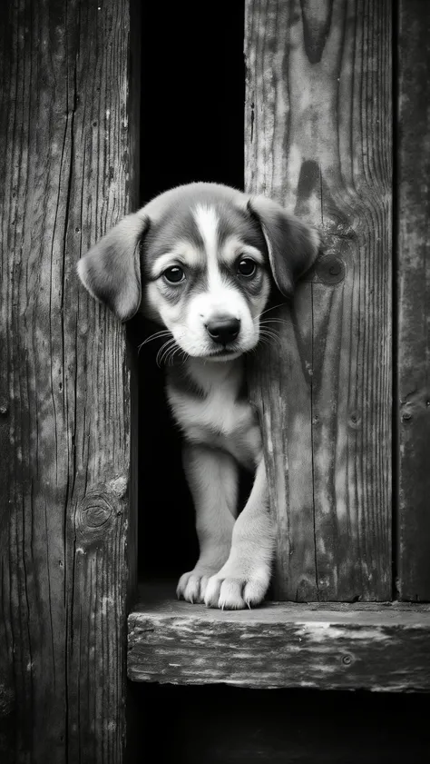 A curious puppy peers through the narrow opening between two wooden planks, its eyes wide with intrigue. The delicate puppy fur contrasts against the dark, weathered wood, accentuating the puppy's youthful innocence. Its small paws are delicately positione...