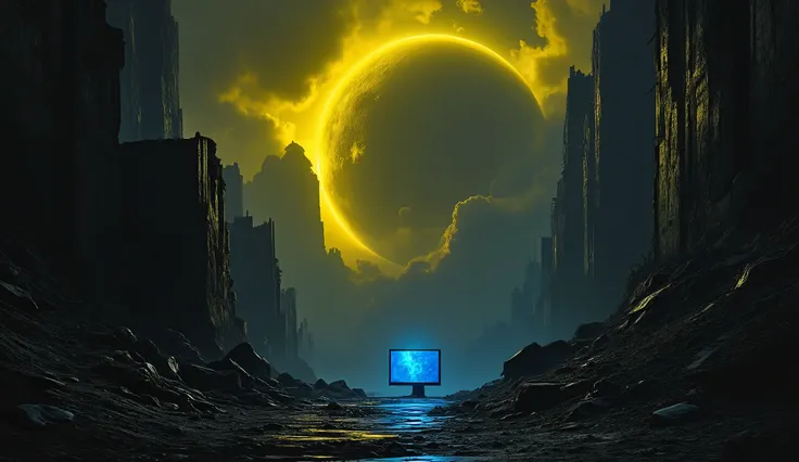 a huge moon on top of a ruined city. black and yellow colors. on the front background in the center, a monitor with a blue screen