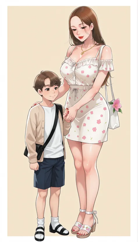 Yumi (New Town), a beautiful extremely sexy woman with long honey-med brown hair, brown eyes, bimbo plump round bright-red lips, red nails, extremely fair white glowy skin, and big breasts. She's wearing a revealing mini short thin-fitting tight white dres...