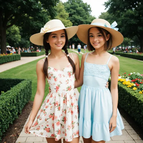 Three flat-chested females in low-cut summer dresses are strolling through the park. One is wearing a hat.