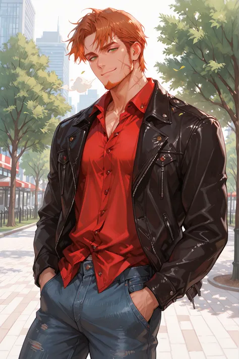 male, mature male, 30 years old dark Orange hair, short hair, green eyes, scar on cheek, slight beard, bulky body, tall, muscular body, casual attire, (red buttoned shirt:1.5), untucked shirt, (rolled sleves), jeans, black leather jacket, city park, (calm ...