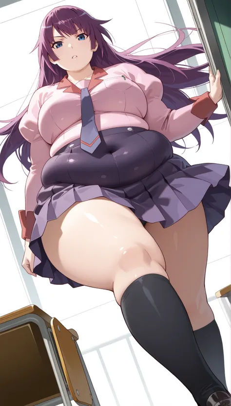 fat,plump,obese,WeightObese,1 Woman Inside,Senjogahara Hitagi（ long hair, Home Cut, purple hair, blue eyes,  sharp eyesight､, long sleeve, Puff Sleeves, pink shirt, chest pocket , purple tie, purple skirt, pleated skirt, black knee-highs, absolute region, ...