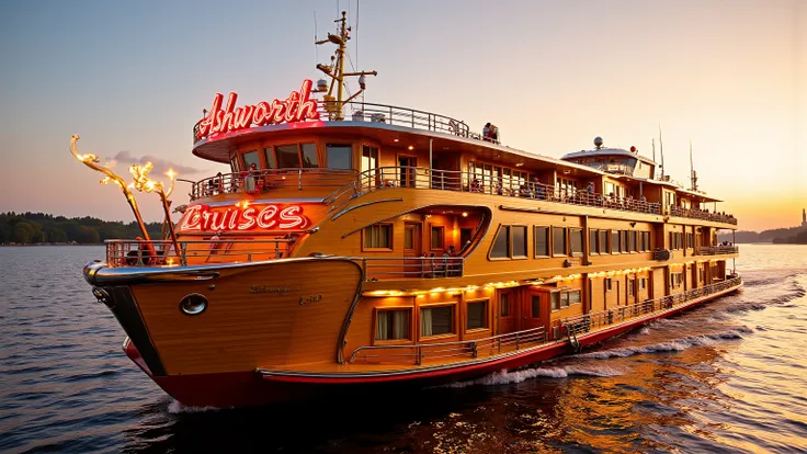 a wide screen image of a river cruise ship made from gleaming chrome with all wooden surfaces painted yellow and red, the photograph is taken at a high sunrise, the camera is HDR enabled and 8K, the ship has clear illuminated text on a neon sign "Ashworth ...