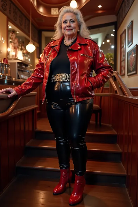 wide angle image, a fat italian 80 year old woman wears a thick leather jacket made of chrome colored leather, wearing black latex jeans, wearing a thick gold chrome belt, wearing red high heel boots, standing on the stairs in an italian pizza restaurant