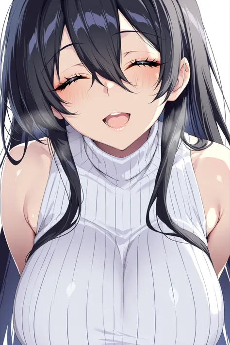 1girl, solo, anime girl, onee-san, masterpiece, mellow expression, slightly open mouth, smile, eye highlight, very long hair, extra long hair, black hair, no hairpin, eyes closed, big breast, white sleeveless turtleneck, half body, looking at viewer, waiti...