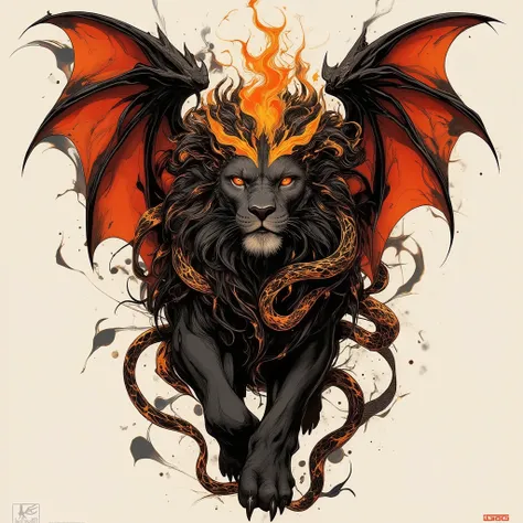 a stylized tattoo in black, orange and red, a black lion with a snake instead of a tail, flames instead of a mane and black and red large bat wings (similar to a manticore)