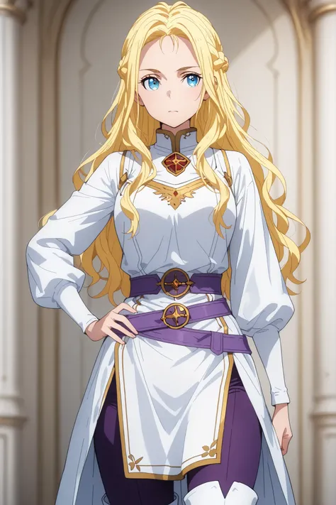 solo, ushio kofune, long hair, wavy hair, blond hair, braid, blue eyes, in a castle, rpg style, medieval princess, white medieval tunic, white top, white thigh boots, purple tight pants, purple belt, outfit with gold trim, fantasy style, perfect eyes, perf...