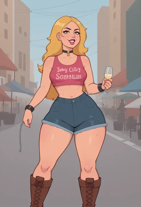  Francine Smith, looking at viewer, pink lipstick, choker, Blonde hair, small breasts, huge hips. long hair.|   A photorealistic image of a alternative woman standing outside a gritty underground gig venue named "Rock City" at night. tousled and slightly d...