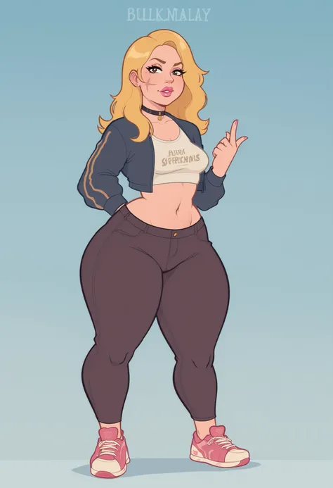  Francine Smith, looking at viewer, pink lipstick, choker, Blonde hair, small breasts, huge hips. long hair.|  Title: Display the title "Bully" in bold gold text, Times New Roman font main character: a man with a shaved head and a scar on the top of his he...