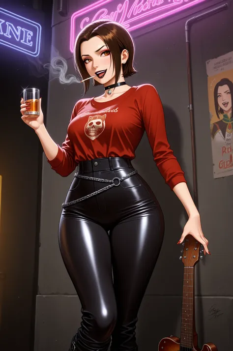  Azula , amber eyes . wavy dark brown hair strands above her shoulders. short hair. small saggy breasts. huge hips. choker. |  A photorealistic image of a alternative woman standing outside a gritty underground gig venue named "Rock City" at night. tousled...