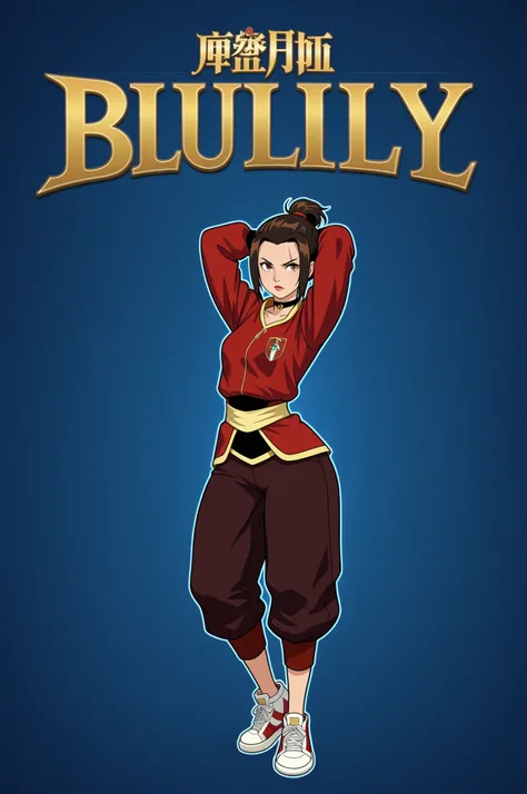  Azula , amber eyes . wavy dark brown hair strands above her shoulders. short hair. small saggy breasts. huge hips. choker. |  Title: Display the title "Bully" in bold gold text, Times New Roman font main character: a man with a shaved head and a scar on t...