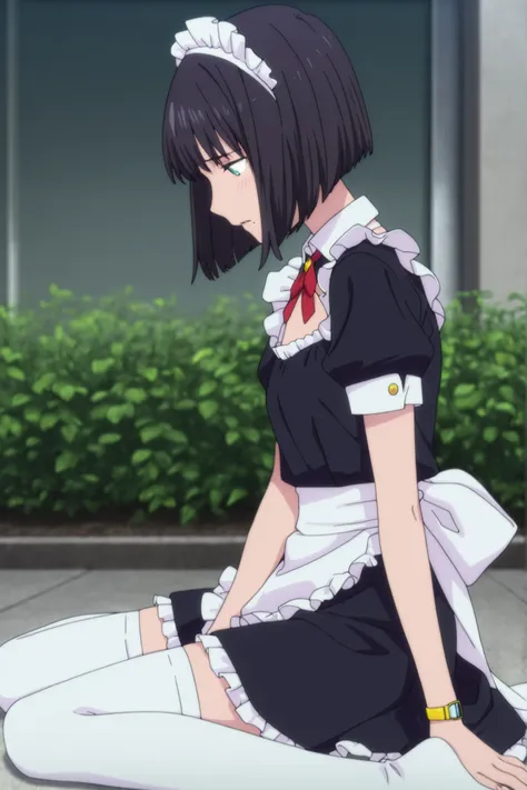 masterpiece, best quality, amazing quality, highres, absurdres, very aesthetic, high resolution, ultra detailed, perfect details, ufotable style, 1girl, solo, outdoors, , (detailed background:1.2),from side, (long sideburns), (flipped hair), ((inverted bob...